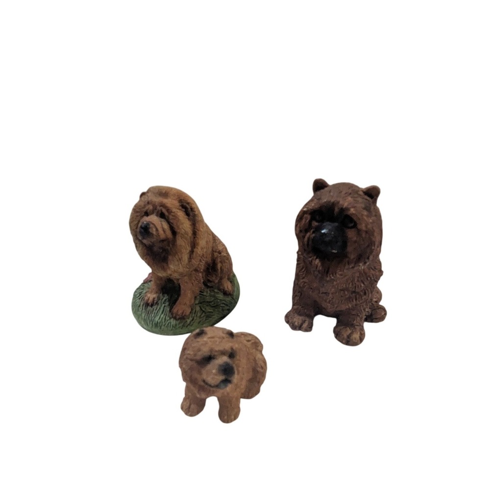 Chow Chow Dog Figurine Set of 3 Brown Resin Miniature Puppy Realistic Statues